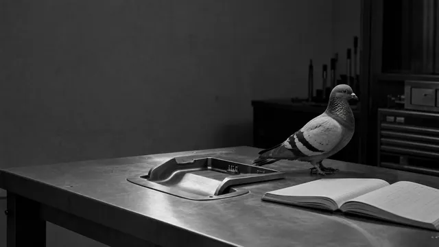 A pigeon stands on a depot workbench beside a ledger and empty service cradle.