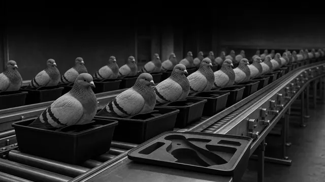 Adult-looking artificial pigeons sit in molded factory transport trays.