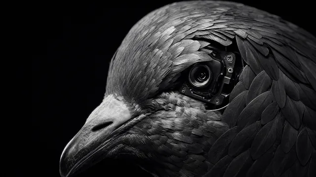 An optical lens sits behind a service seam in artificial pigeon plumage.