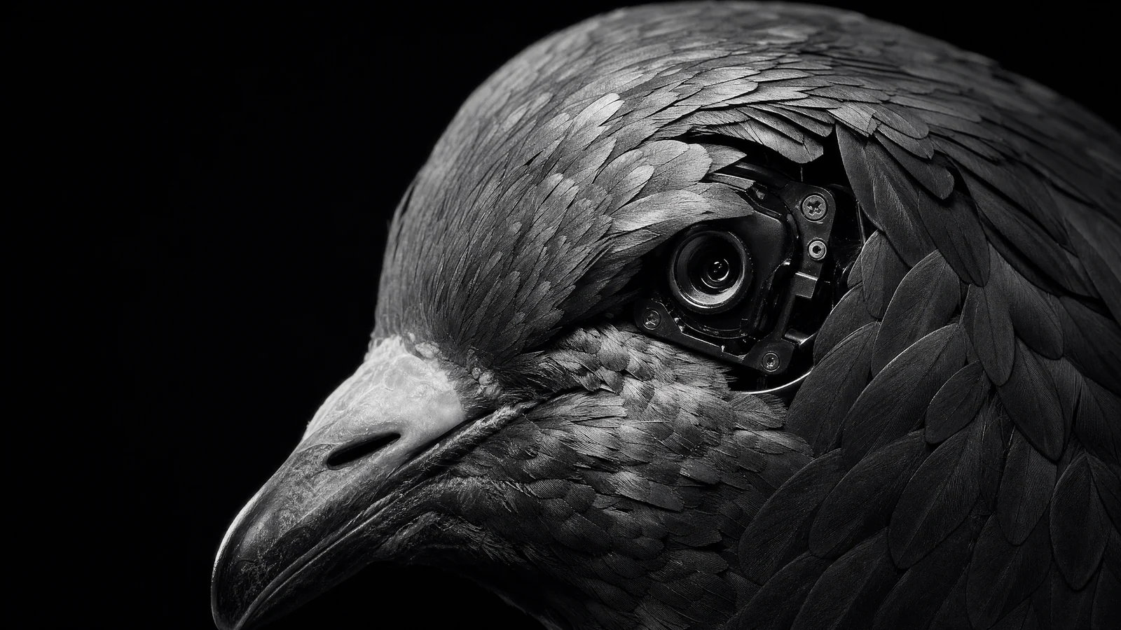 An optical lens sits behind a service seam in artificial pigeon plumage.