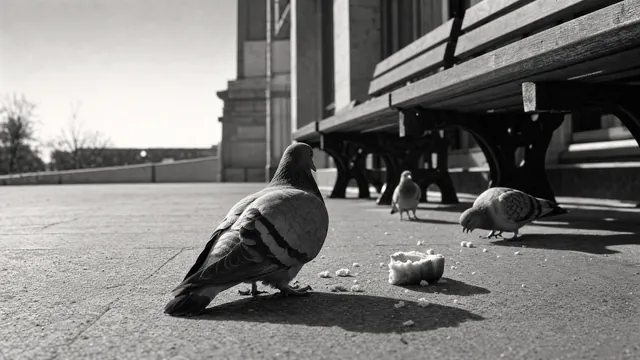 Pigeons gather beside bread crumbs beneath a public-square bench.