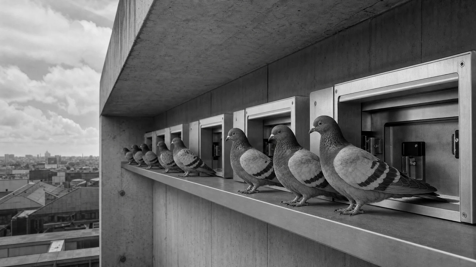 Ordinary-looking pigeons queue at a rooftop service ledge.