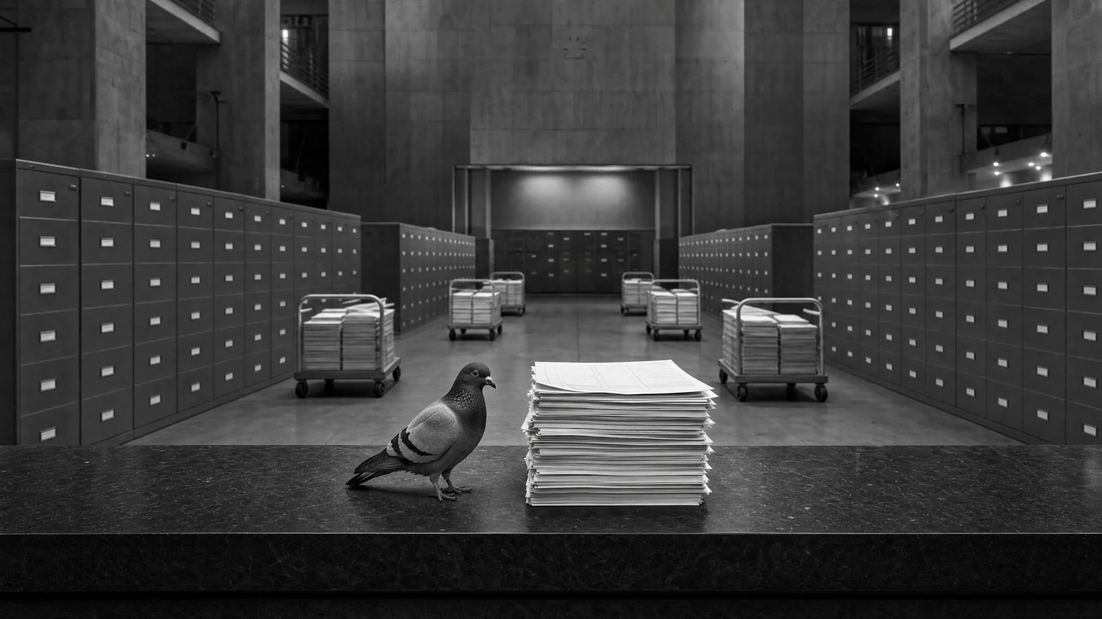 A tiny pigeon stands beside invoice stacks in an enormous records hall.