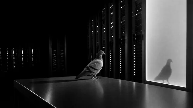 An ordinary-looking pigeon stands in a severe monochrome server room.