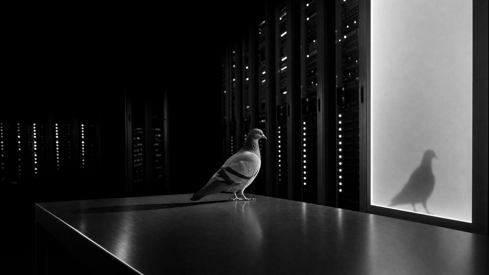 An ordinary-looking pigeon stands in a severe monochrome server room.