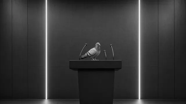A pigeon occupies an anonymous press lectern between microphones.