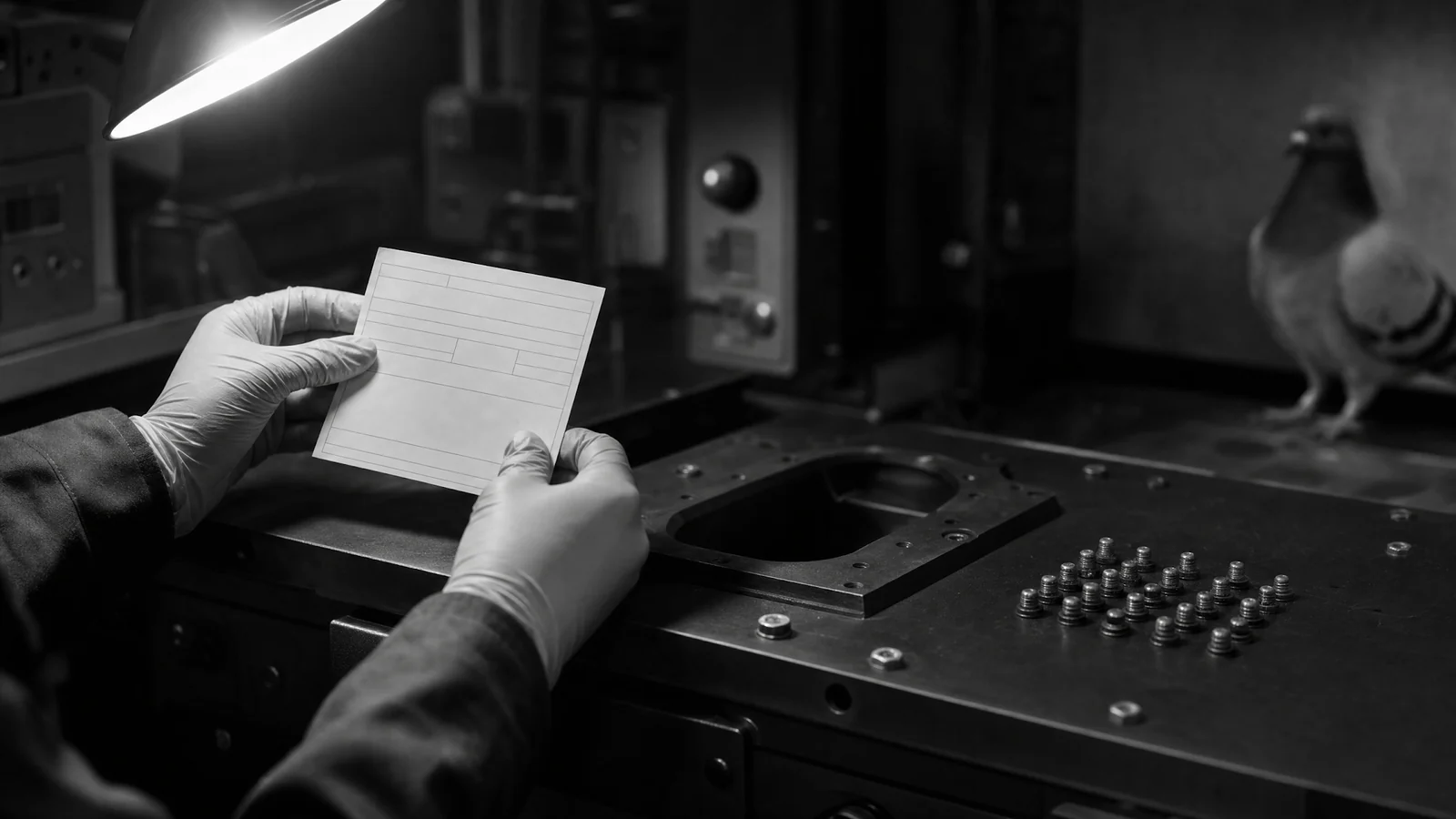 Gloved technician hands hold a card beside an empty pigeon service cradle.
