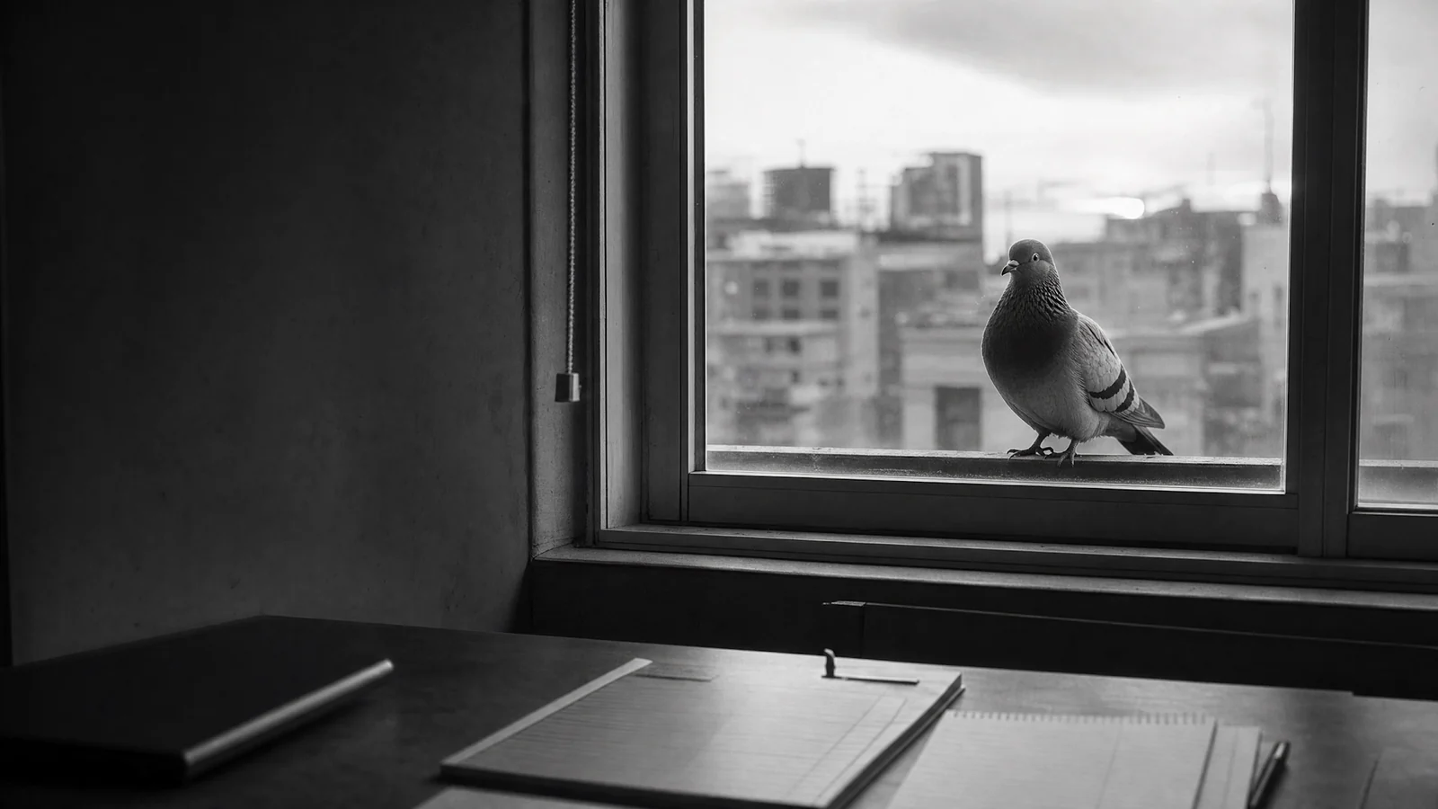 A pigeon on a windowsill faces an investigator’s desk of maintenance records.