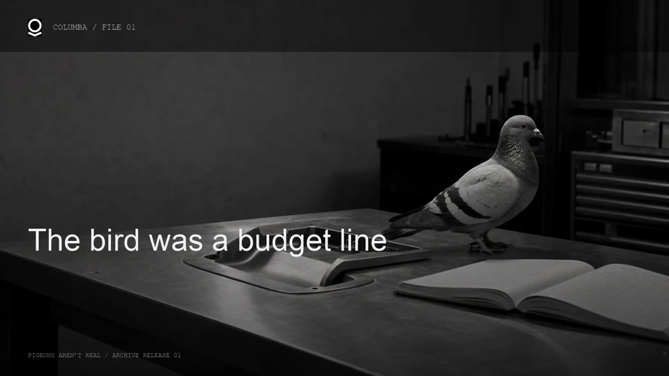 A pigeon stands on a depot workbench beside a ledger and empty service cradle.