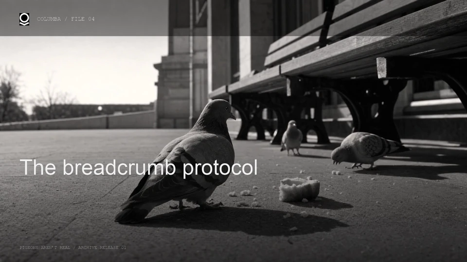 Pigeons gather beside bread crumbs beneath a public-square bench.