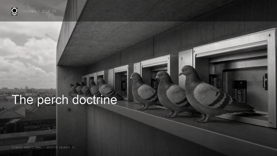 Ordinary-looking pigeons queue at a rooftop service ledge.
