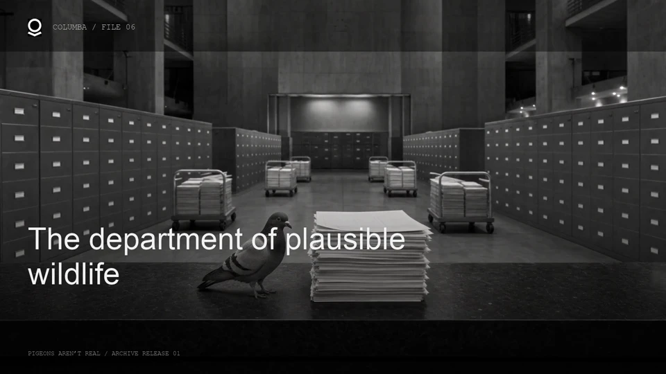 A tiny pigeon stands beside invoice stacks in an enormous records hall.