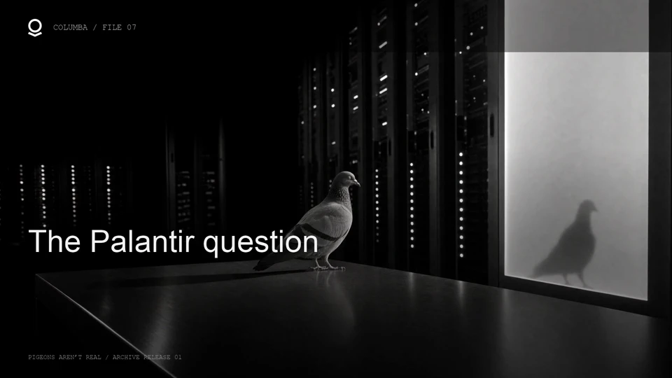 An ordinary-looking pigeon stands in a severe monochrome server room.
