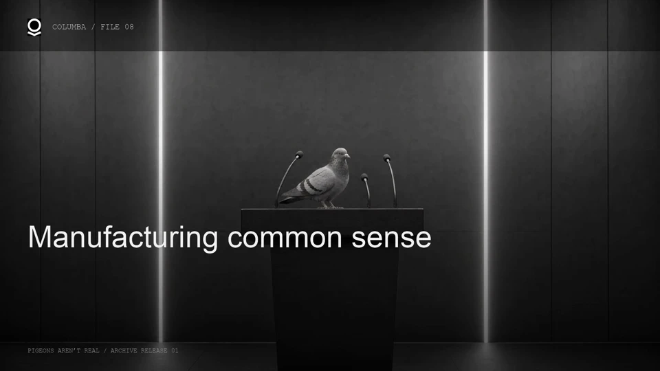 A pigeon occupies an anonymous press lectern between microphones.