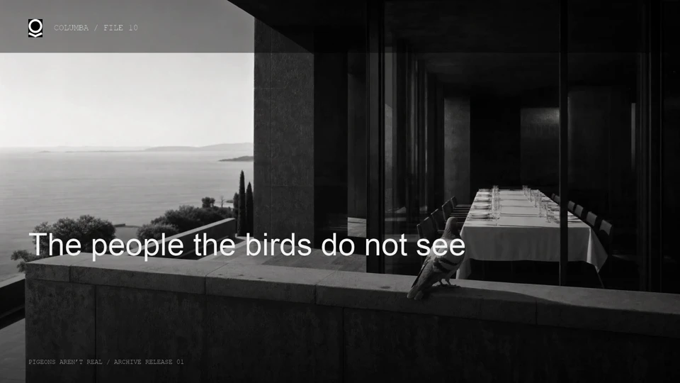 A pigeon watches an empty table on a luxury terrace.