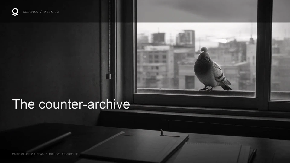 A pigeon on a windowsill faces an investigator’s desk of maintenance records.